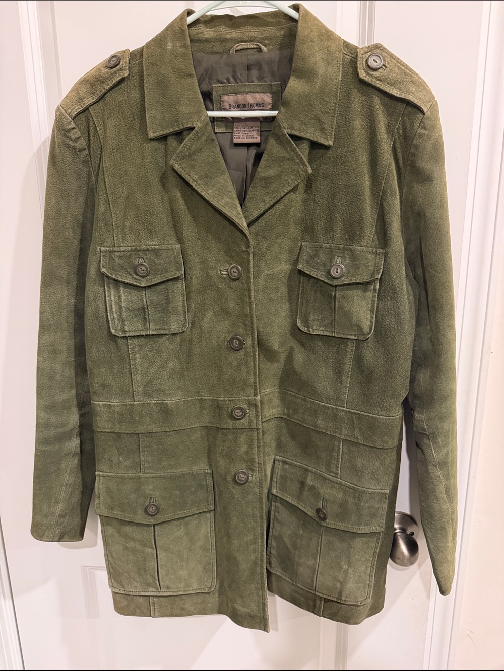 Brandon Thomas Green Suede Utility Jacket with Epaulettes